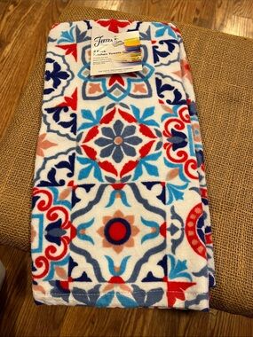 Fiesta Multicolor Tile-Pattern Kitchen Towels - Red, Blue, Tan Accents